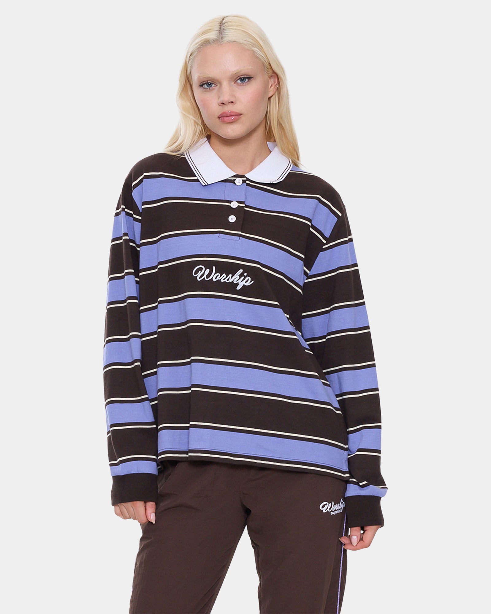 Womens Coed Striped Polo Long Sleeve Shirt