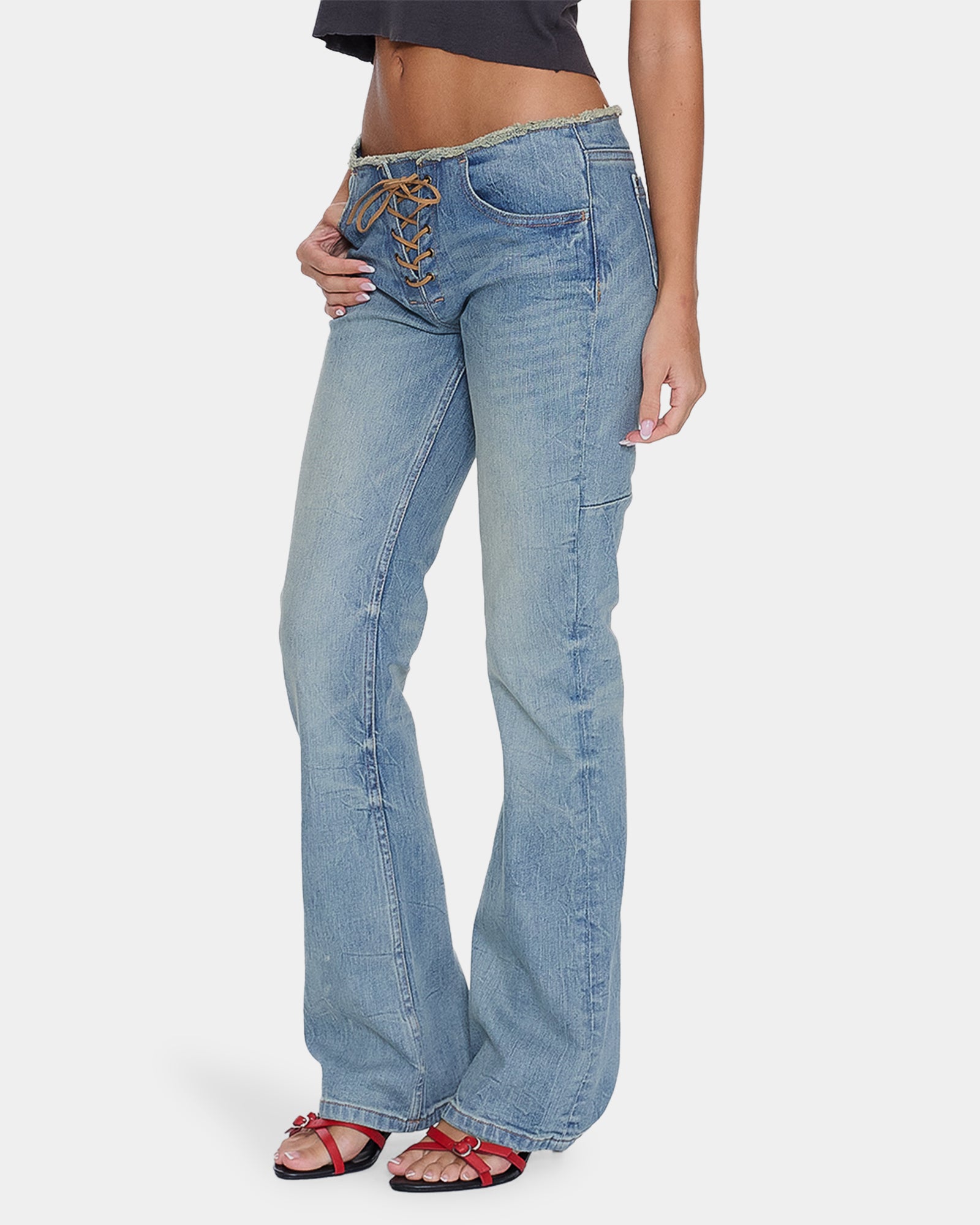 Womens Cammie Low Rise Lace Up Denim Jeans