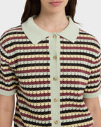 Womens Crochet Stripes Polo Shirt
