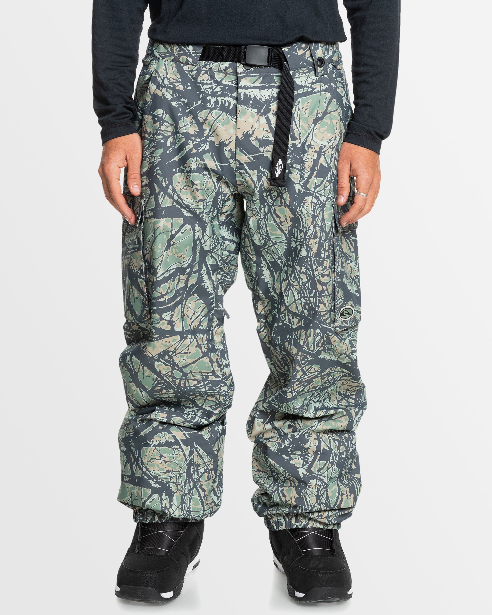 Quiksilver DRYFLIGHT スノーボードウェア S/P 迷彩 Quiksilver Mens Snow Down Snow Pants - WOODLAND ABSTRACT SEA SPRAY
