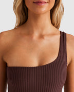 Womens Terry Rib One Shoulder One Piece Swimsuit