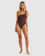 Womens Terry Rib One Shoulder One Piece Swimsuit